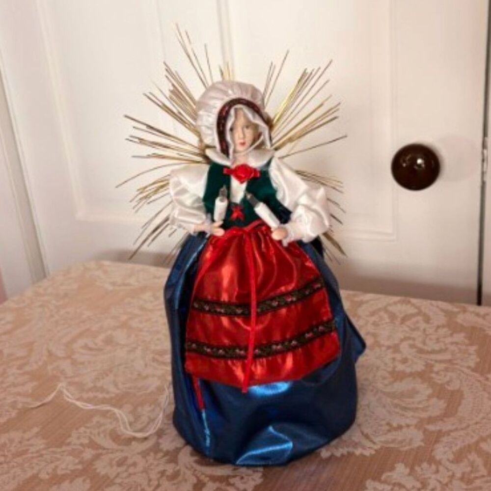 Porcelain Angel Tree Topper Nordic with Gold Tinsel Wings & Light Up Candles VTG